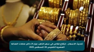 تحديث الأسعار.. ارتفاع مفاجئ في سعر الذهب عيار 21 داخل محلات الصاغة المصرية الخميس 28 أغسطس 2025